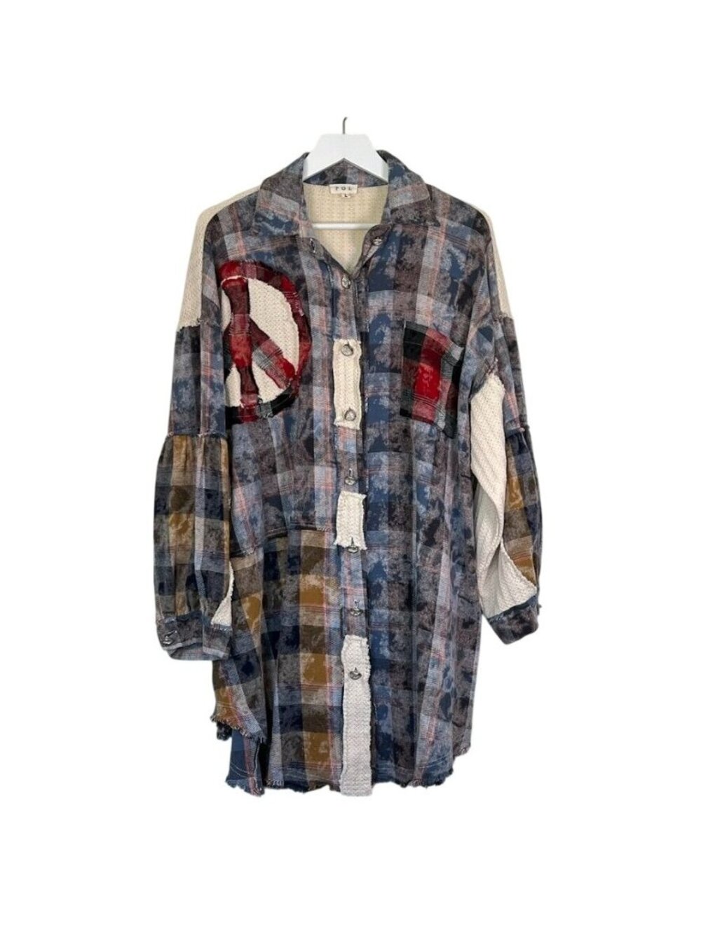Pol Womens Sz L Peace Patchwork Chunky Plaid Shacket Oversized Statement Grunge - Picture 2 of 16